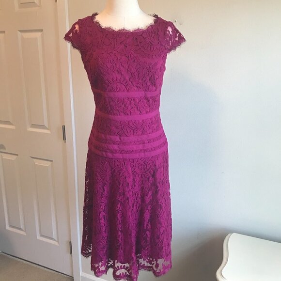 Adrianna Papell Fushia Pink Embroidered Lace Dress Fit & Flare Size US  6 EU 38 - Picture 3 of 8
